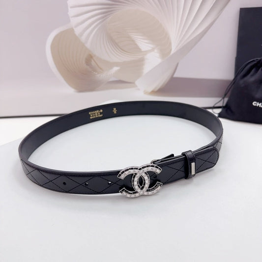 CC 30MM BELT IN BLACK EMBROIDERED CALFSKIN SILVER HARDWARE - 30