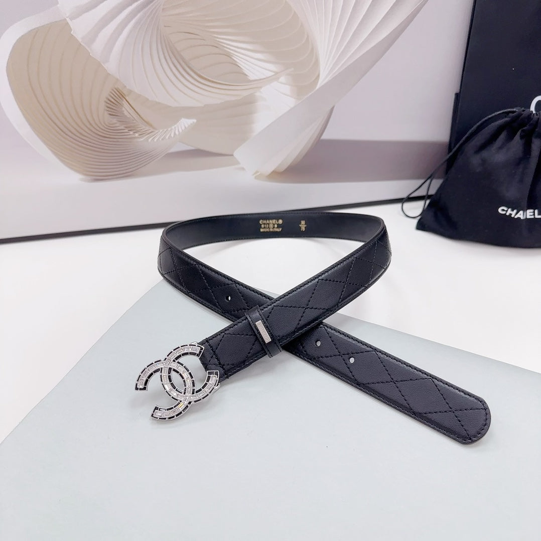 CC 30MM BELT IN BLACK EMBROIDERED CALFSKIN SILVER HARDWARE - 30