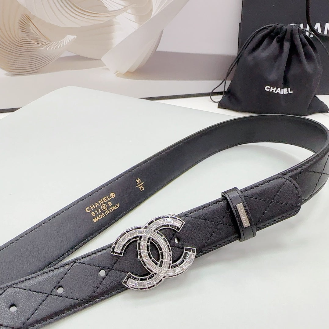 CC 30MM BELT IN BLACK EMBROIDERED CALFSKIN SILVER HARDWARE - 30