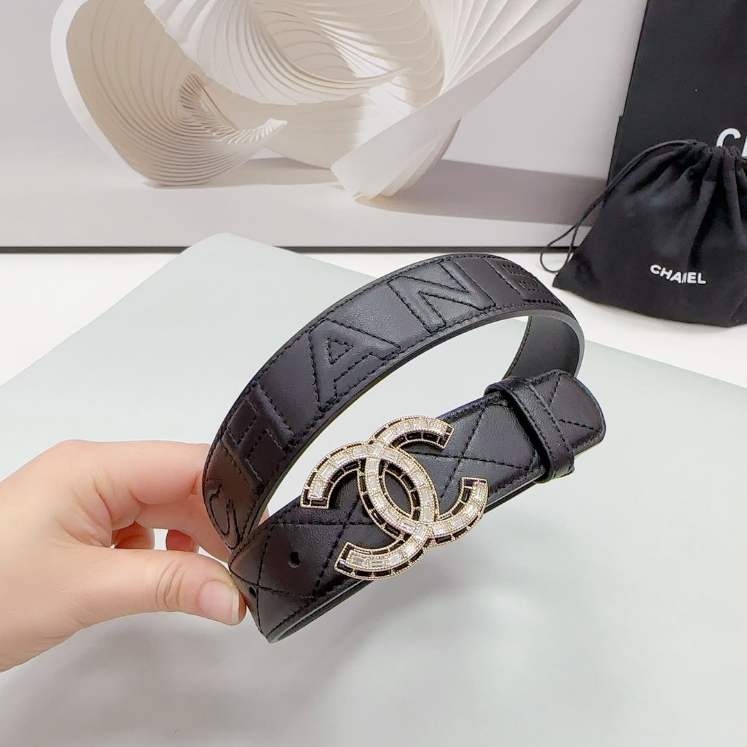 CC 30MM BELT IN BLACK EMBROIDERED CALFSKIN GOLD HARDWARE - 30