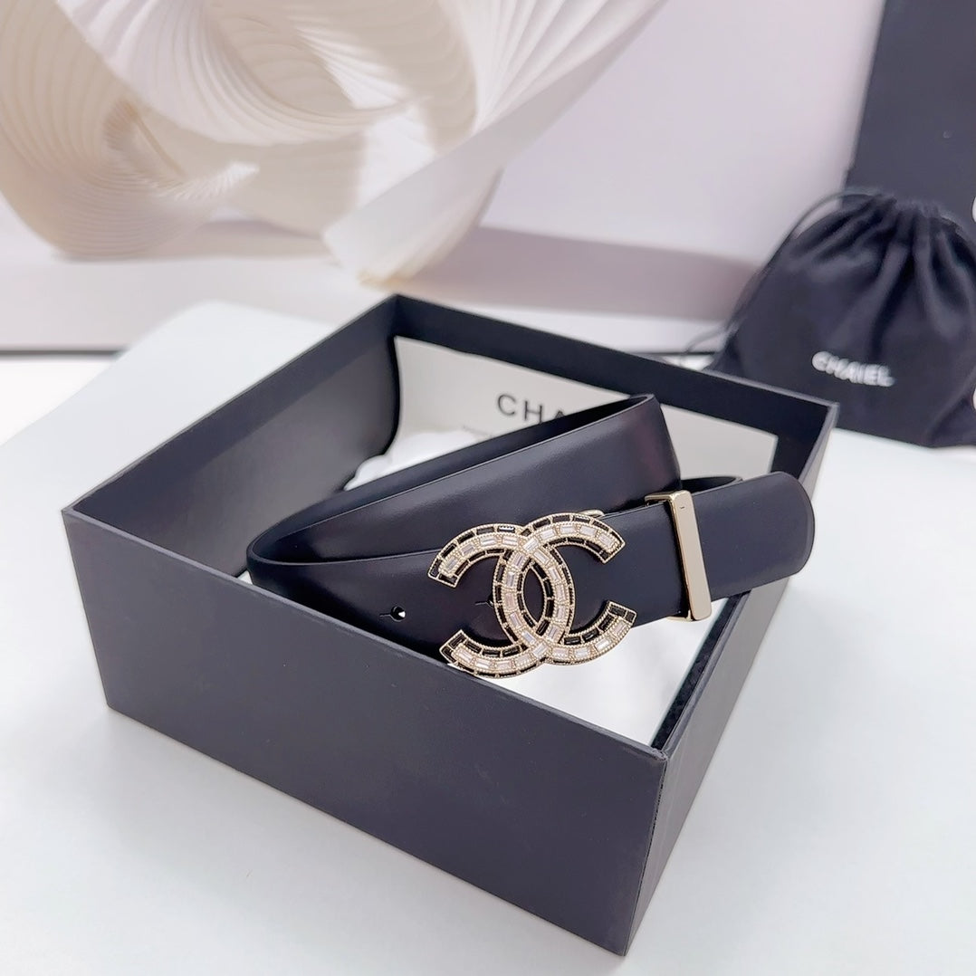 CC 30MM BELT IN BLACK SMOOTH CALFSKIN METAL LOGO - 30