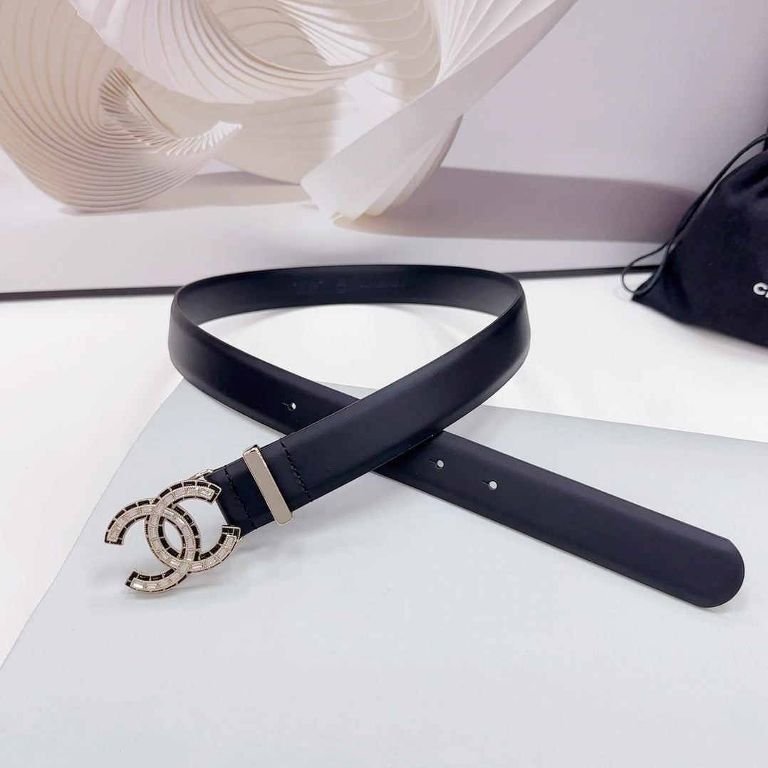CC 30MM BELT IN BLACK SMOOTH CALFSKIN METAL LOGO - 30