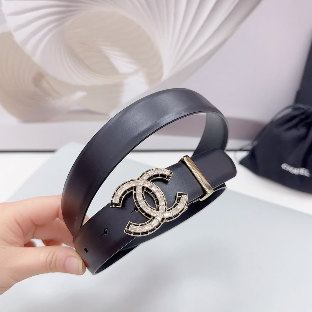 CC 30MM BELT IN BLACK SMOOTH CALFSKIN METAL LOGO - 30
