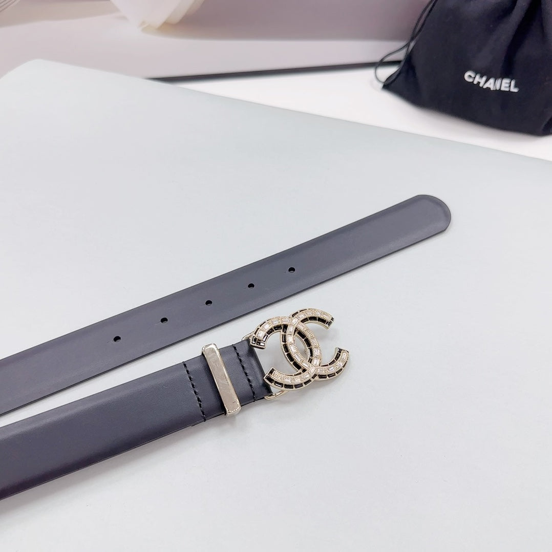 CC 30MM BELT IN BLACK SMOOTH CALFSKIN METAL LOGO - 30