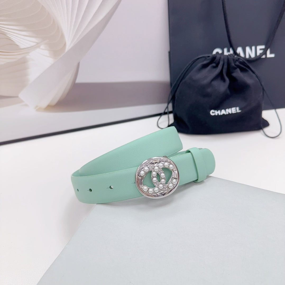 CC 30MM BELT IN GREEN MINT CALFSKIN SILVER HARDWARE ATTACH PEARLS - 30
