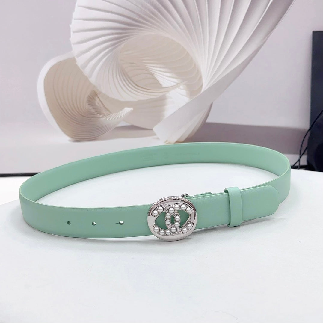 CC 30MM BELT IN GREEN MINT CALFSKIN SILVER HARDWARE ATTACH PEARLS - 30