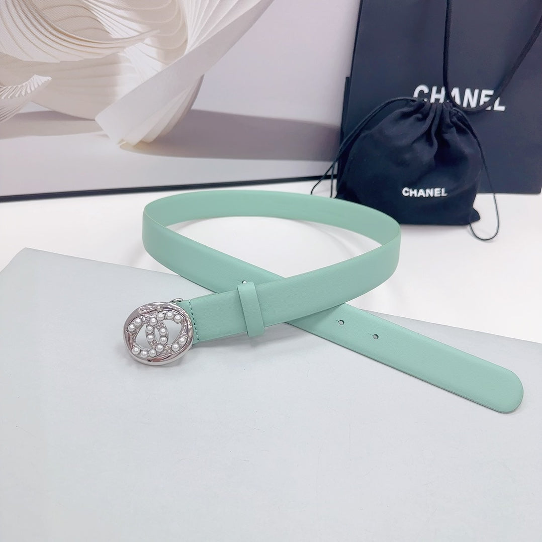 CC 30MM BELT IN GREEN MINT CALFSKIN SILVER HARDWARE ATTACH PEARLS - 30