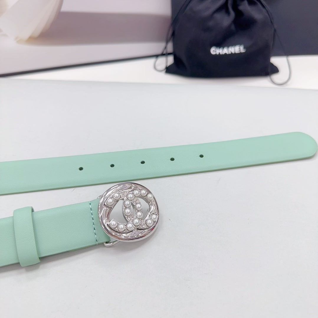CC 30MM BELT IN GREEN MINT CALFSKIN SILVER HARDWARE ATTACH PEARLS - 30