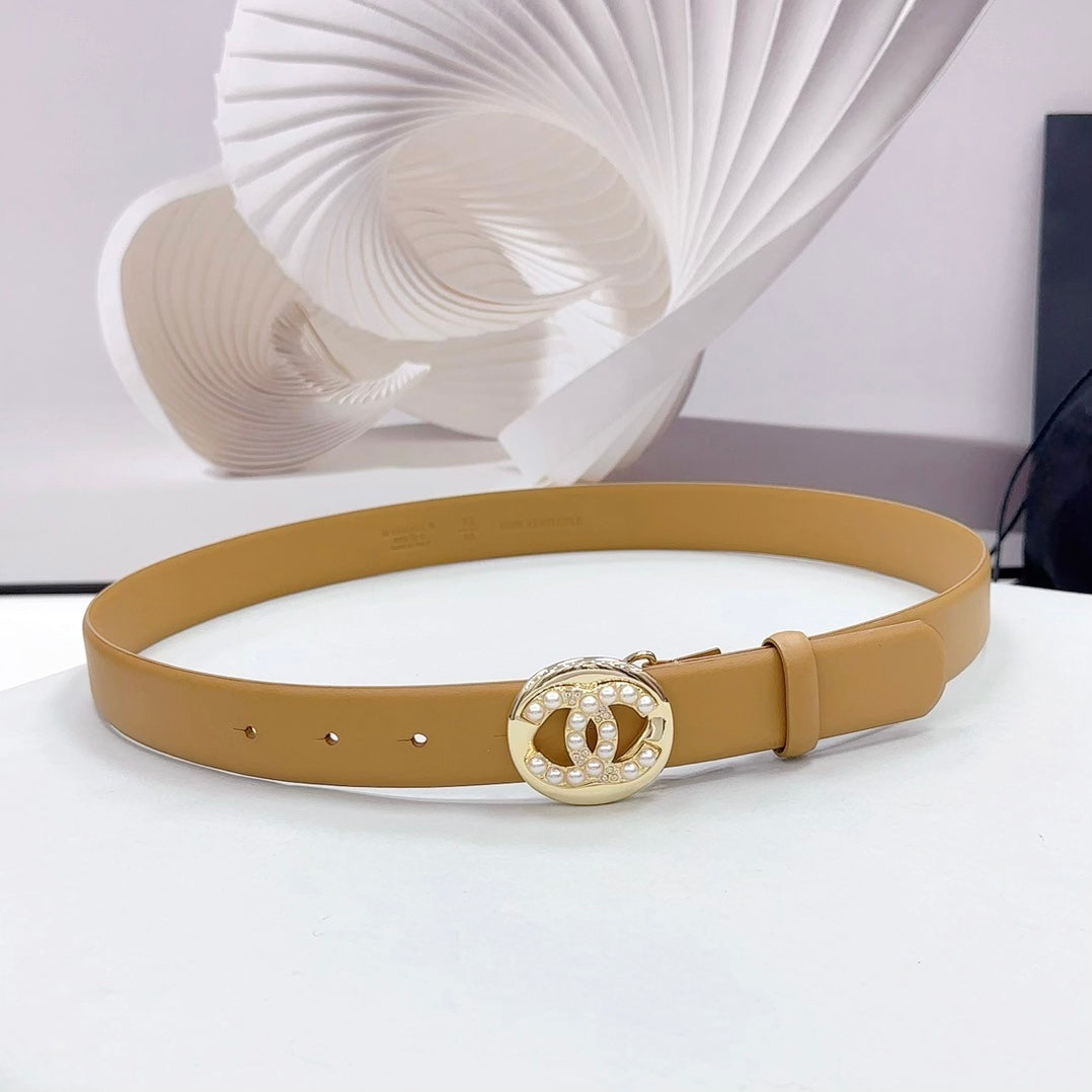 CC 30MM BELT IN CAMEL BEIGE CALFSKIN SILVER HARDWARE ATTACH PEARLS - 30