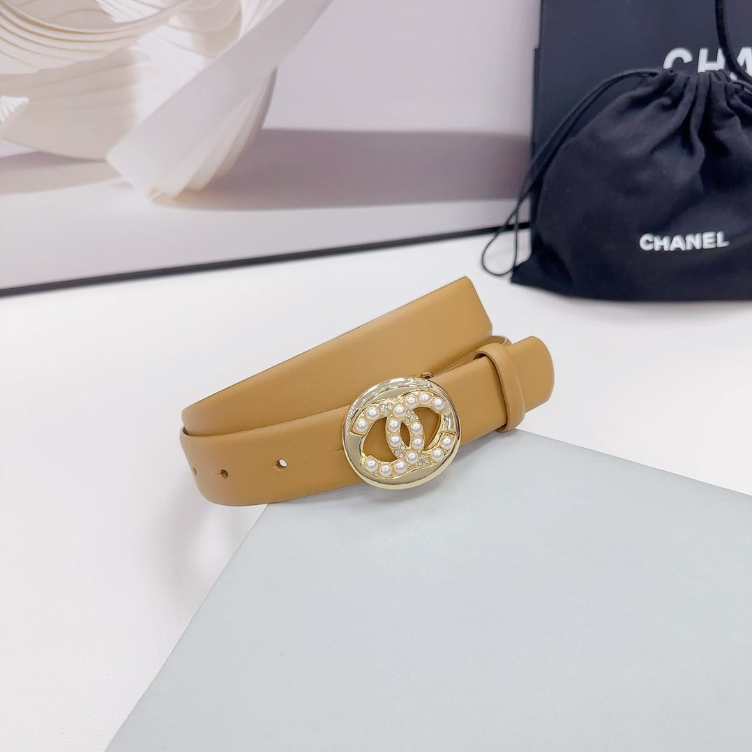 CC 30MM BELT IN CAMEL BEIGE CALFSKIN SILVER HARDWARE ATTACH PEARLS - 30