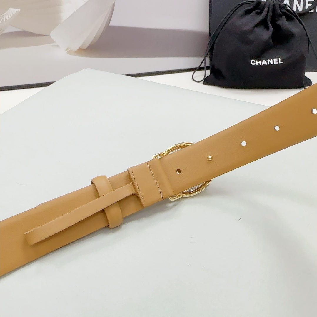 CC 30MM BELT IN CAMEL BEIGE CALFSKIN SILVER HARDWARE ATTACH PEARLS - 30