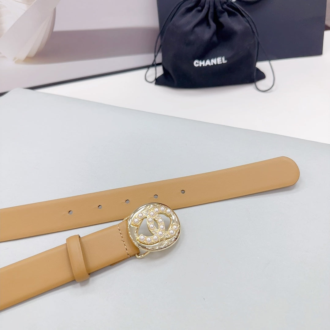 CC 30MM BELT IN CAMEL BEIGE CALFSKIN SILVER HARDWARE ATTACH PEARLS - 30