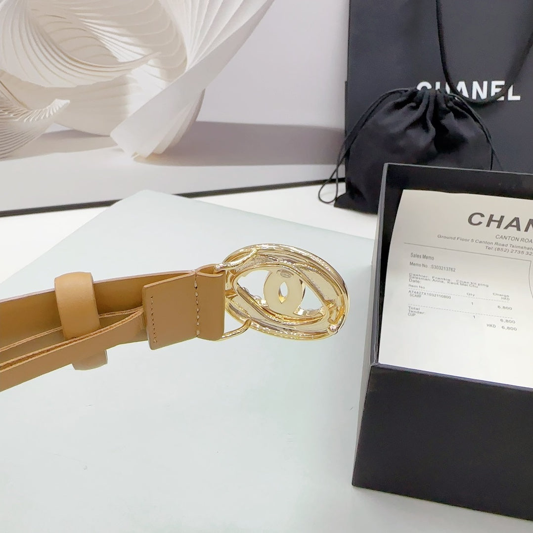 CC 30MM BELT IN CAMEL BEIGE CALFSKIN SILVER HARDWARE ATTACH PEARLS - 30