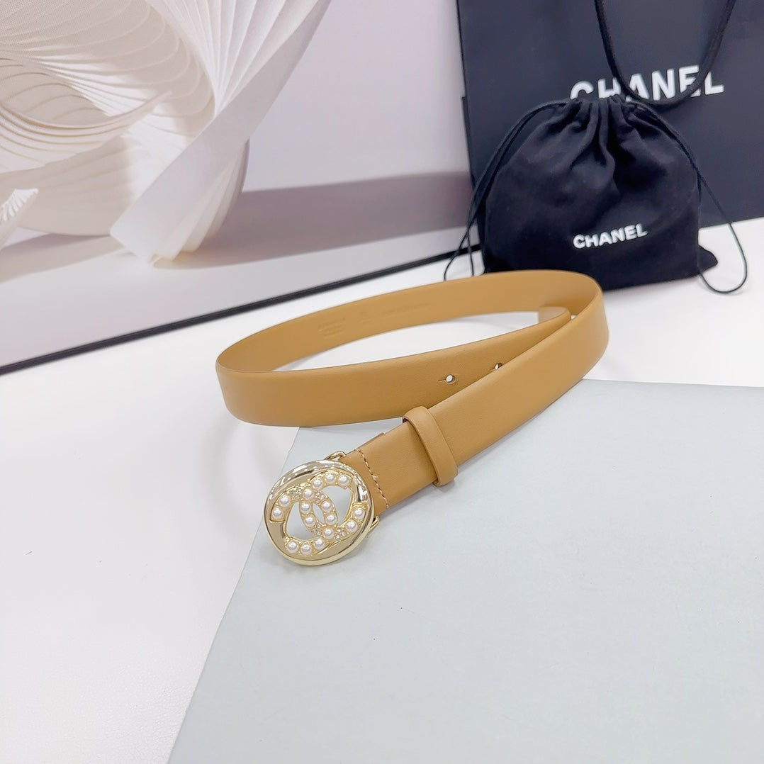 CC 30MM BELT IN CAMEL BEIGE CALFSKIN SILVER HARDWARE ATTACH PEARLS - 30