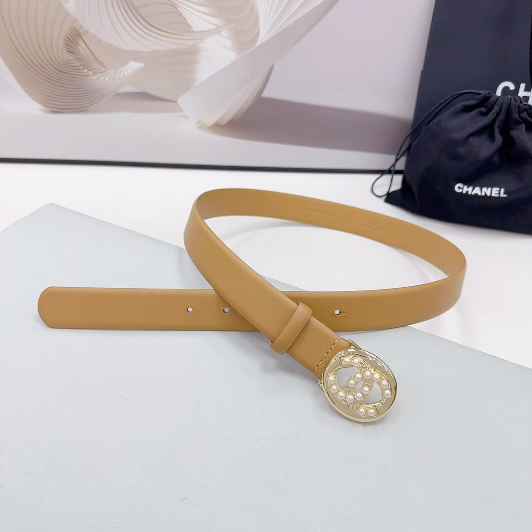 CC 30MM BELT IN CAMEL BEIGE CALFSKIN SILVER HARDWARE ATTACH PEARLS - 30