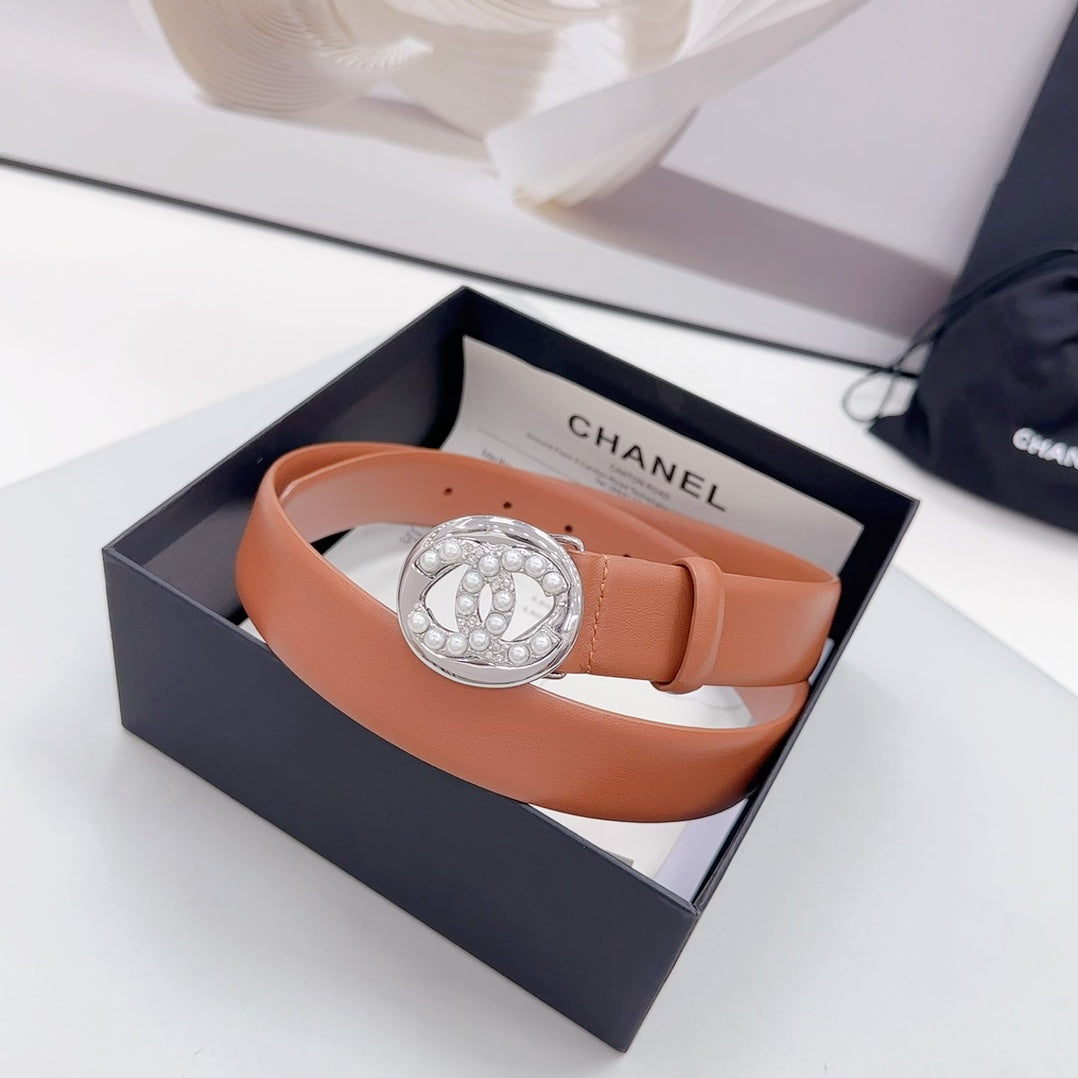 CC 30MM BELT IN ALLOY ORANGE CALFSKIN SILVER HARDWARE ATTACH PEARLS - 30