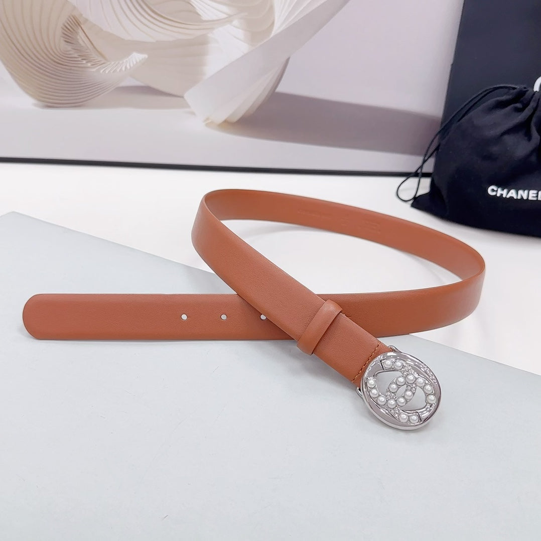 CC 30MM BELT IN ALLOY ORANGE CALFSKIN SILVER HARDWARE ATTACH PEARLS - 30