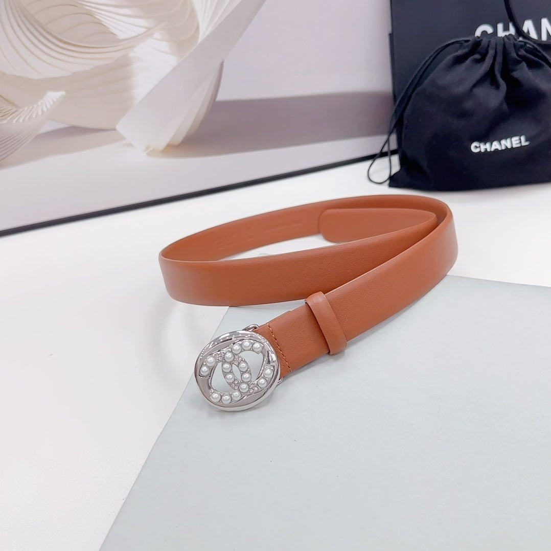 CC 30MM BELT IN ALLOY ORANGE CALFSKIN SILVER HARDWARE ATTACH PEARLS - 30