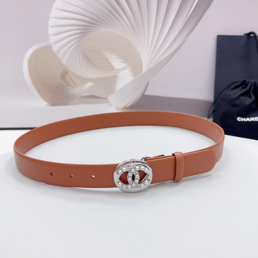 CC 30MM BELT IN ALLOY ORANGE CALFSKIN SILVER HARDWARE ATTACH PEARLS - 30