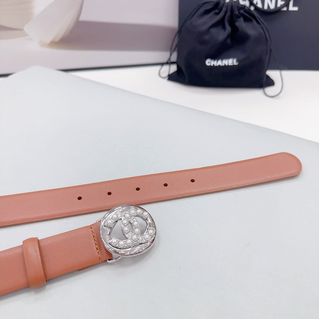 CC 30MM BELT IN ALLOY ORANGE CALFSKIN SILVER HARDWARE ATTACH PEARLS - 30