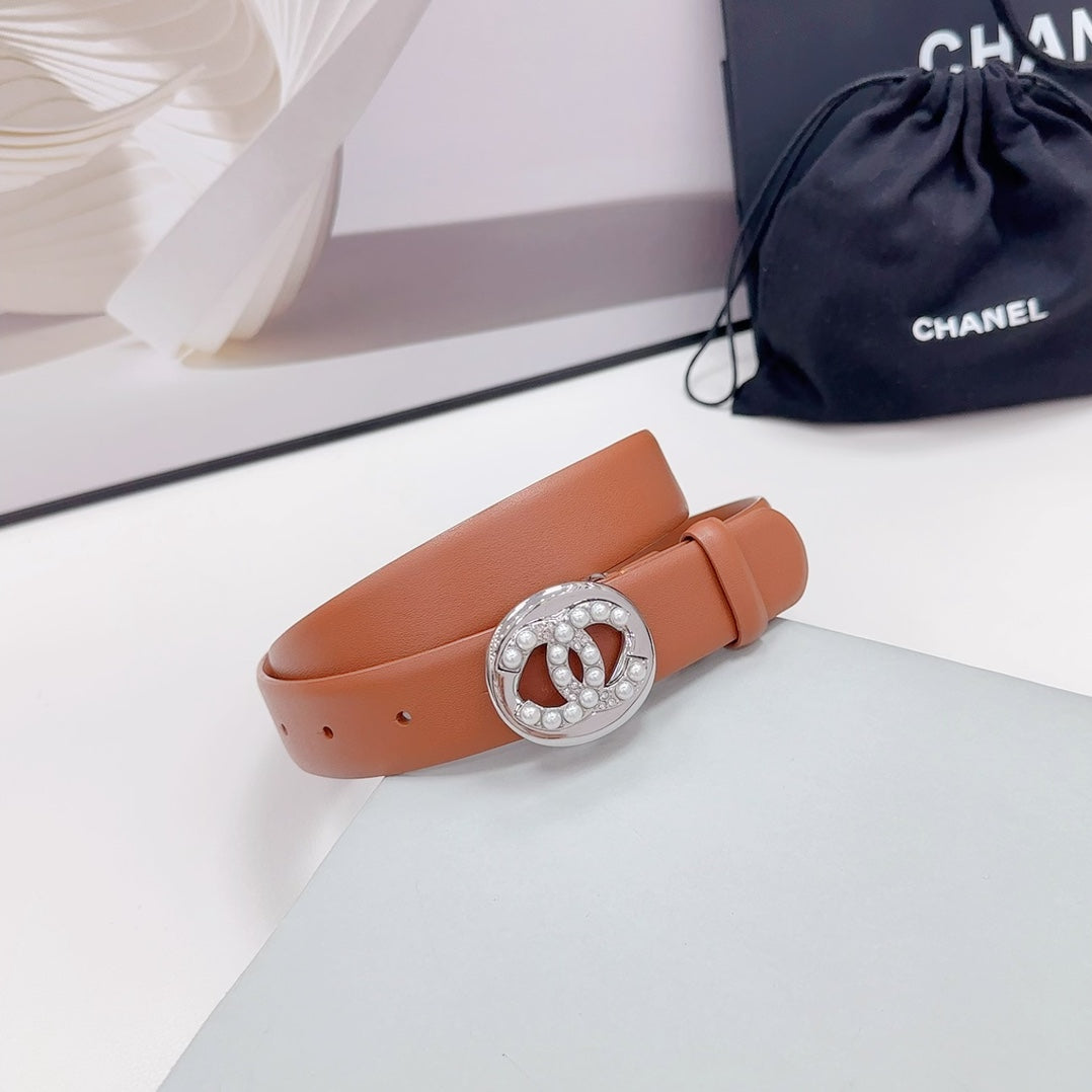 CC 30MM BELT IN ALLOY ORANGE CALFSKIN SILVER HARDWARE ATTACH PEARLS - 30