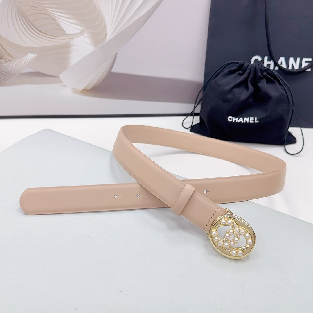 CC 30MM BELT IN NUDE BEIGE CALFSKIN GOLD HARDWARE ATTACH PEARLS - 30
