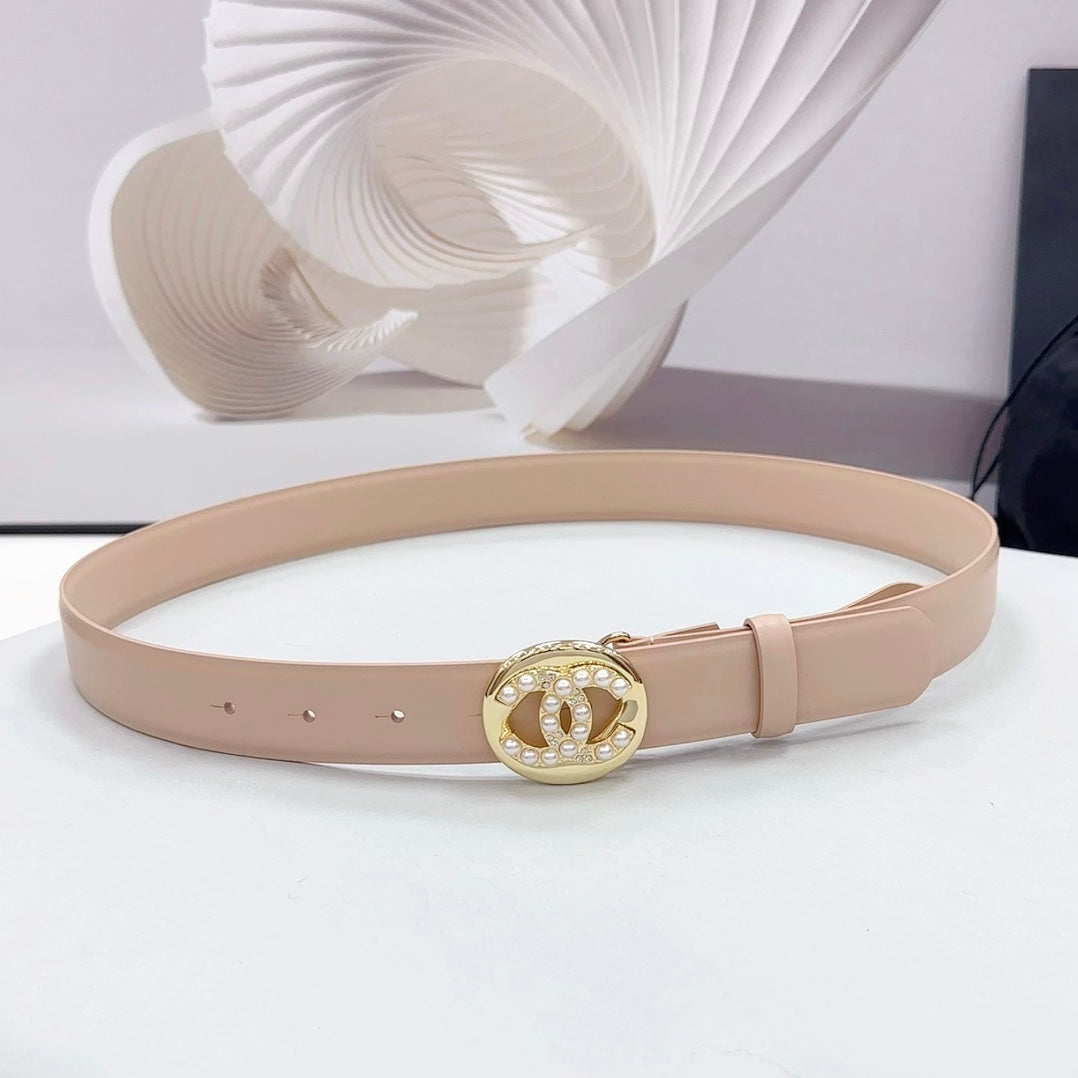 CC 30MM BELT IN NUDE BEIGE CALFSKIN GOLD HARDWARE ATTACH PEARLS - 30
