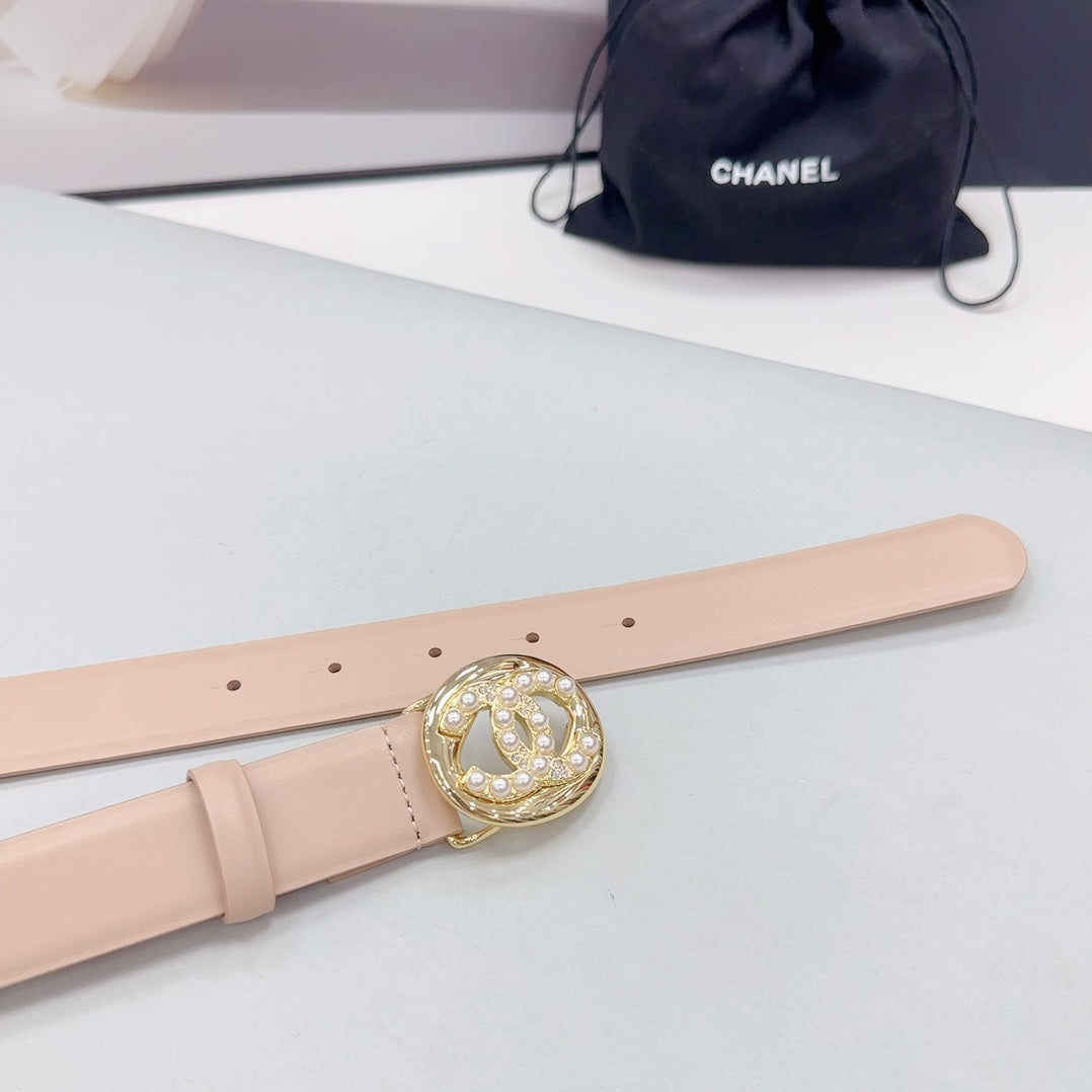 CC 30MM BELT IN NUDE BEIGE CALFSKIN GOLD HARDWARE ATTACH PEARLS - 30
