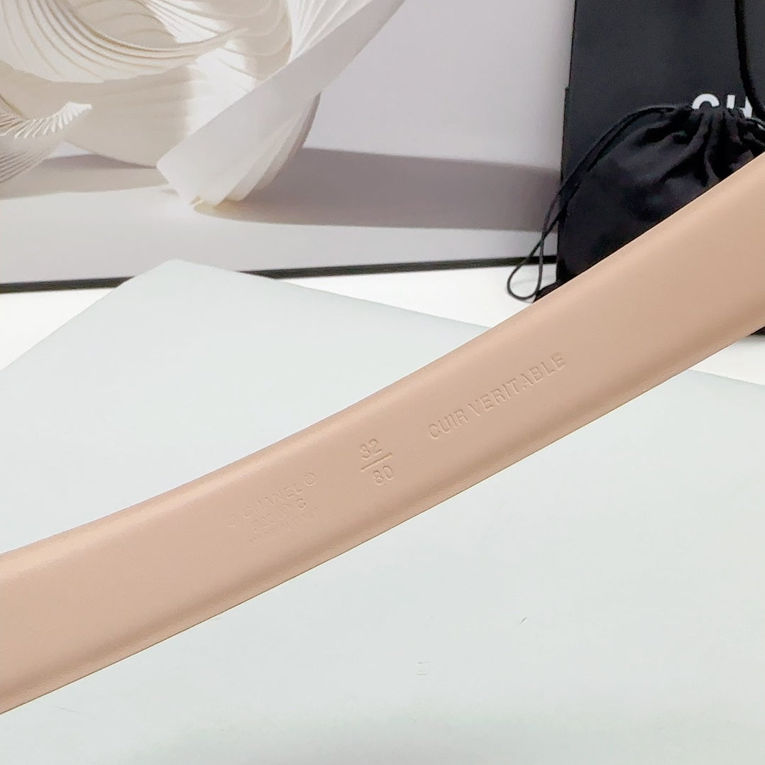 CC 30MM BELT IN NUDE BEIGE CALFSKIN GOLD HARDWARE ATTACH PEARLS - 30