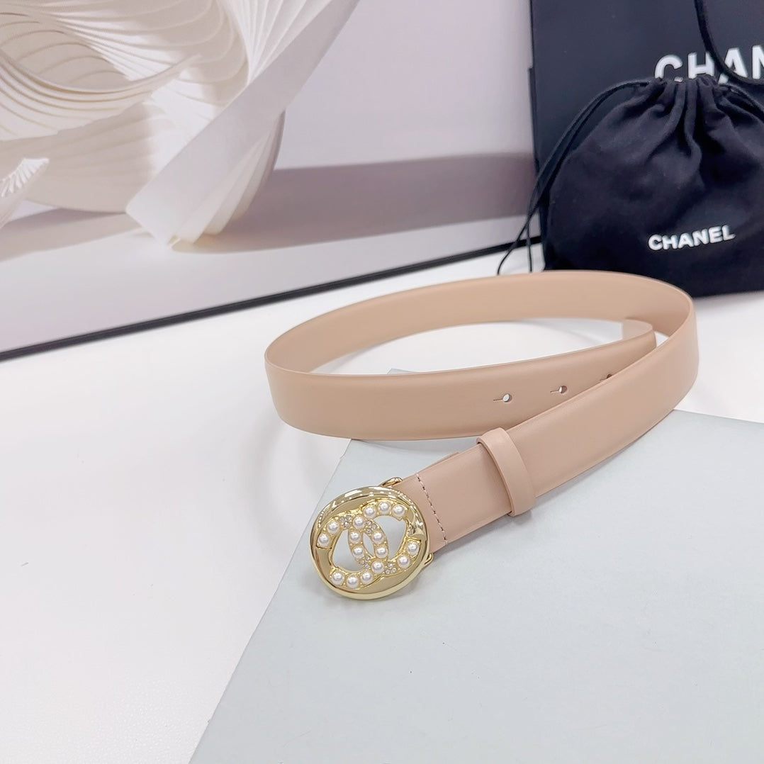 CC 30MM BELT IN NUDE BEIGE CALFSKIN GOLD HARDWARE ATTACH PEARLS - 30