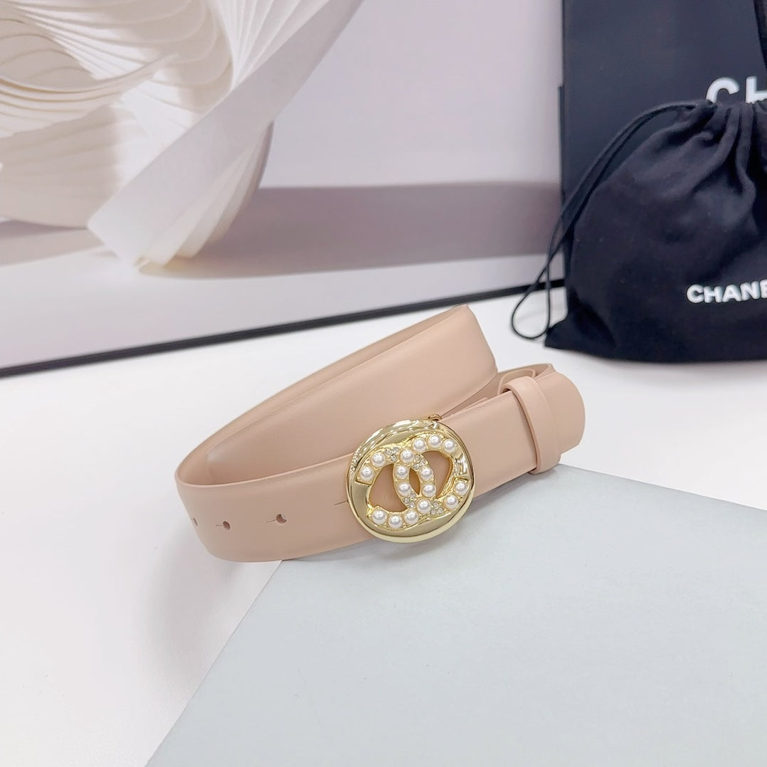 CC 30MM BELT IN NUDE BEIGE CALFSKIN GOLD HARDWARE ATTACH PEARLS - 30