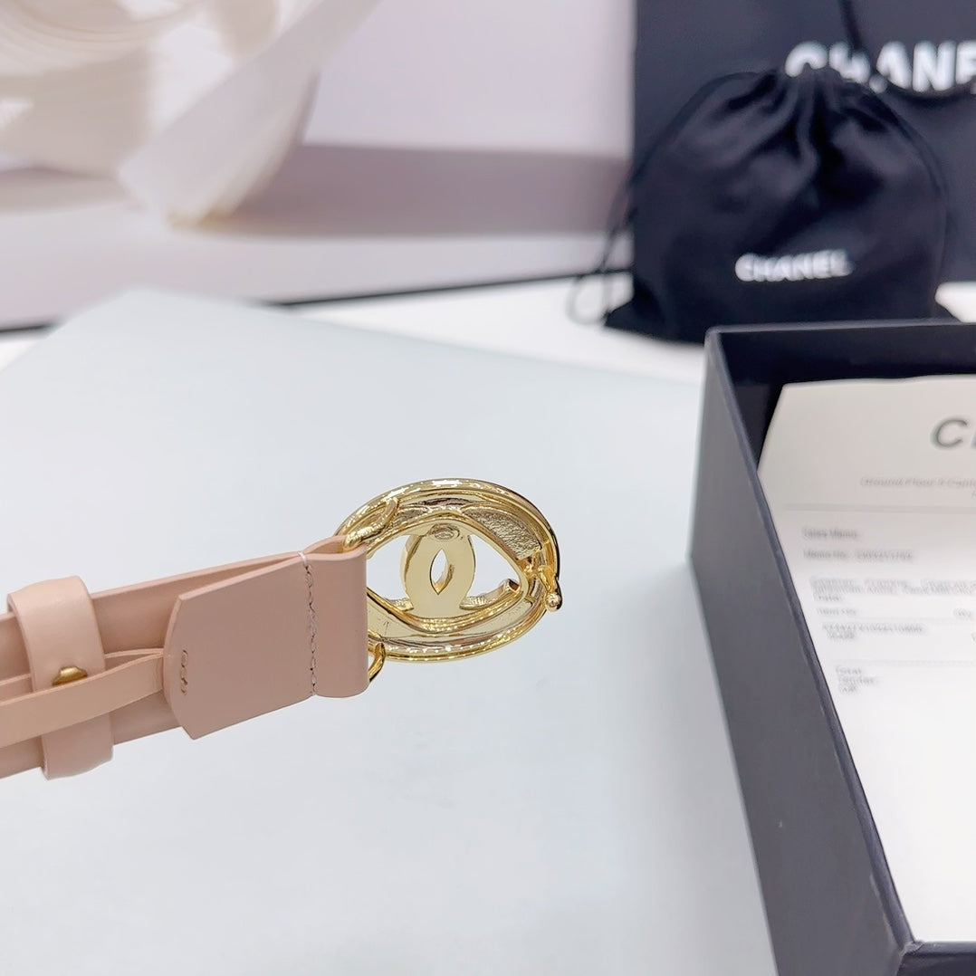 CC 30MM BELT IN NUDE BEIGE CALFSKIN GOLD HARDWARE ATTACH PEARLS - 30