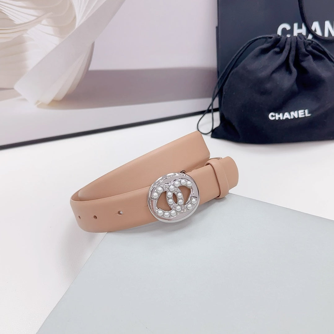 CC 30MM BELT IN DESERT SAND CALFSKIN SILVER HARDWARE ATTACH PEARLS - 30