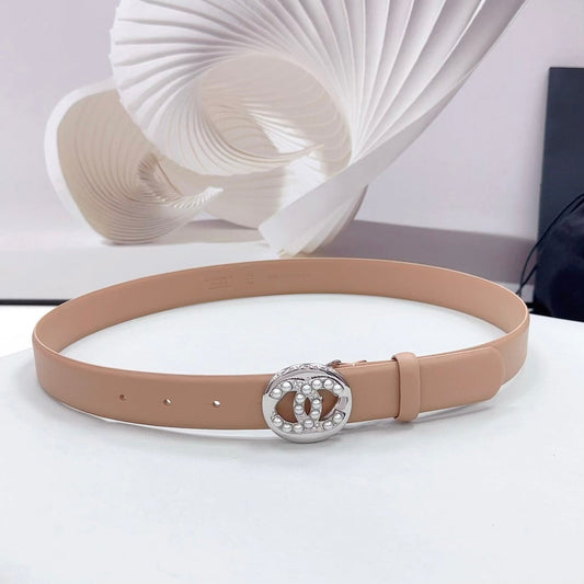 CC 30MM BELT IN DESERT SAND CALFSKIN SILVER HARDWARE ATTACH PEARLS - 30