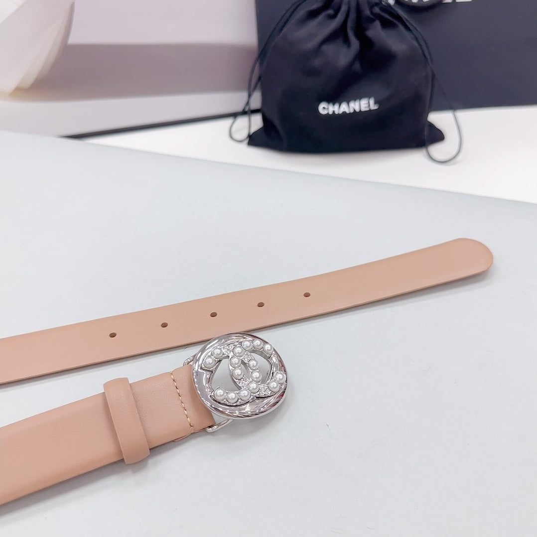 CC 30MM BELT IN DESERT SAND CALFSKIN SILVER HARDWARE ATTACH PEARLS - 30