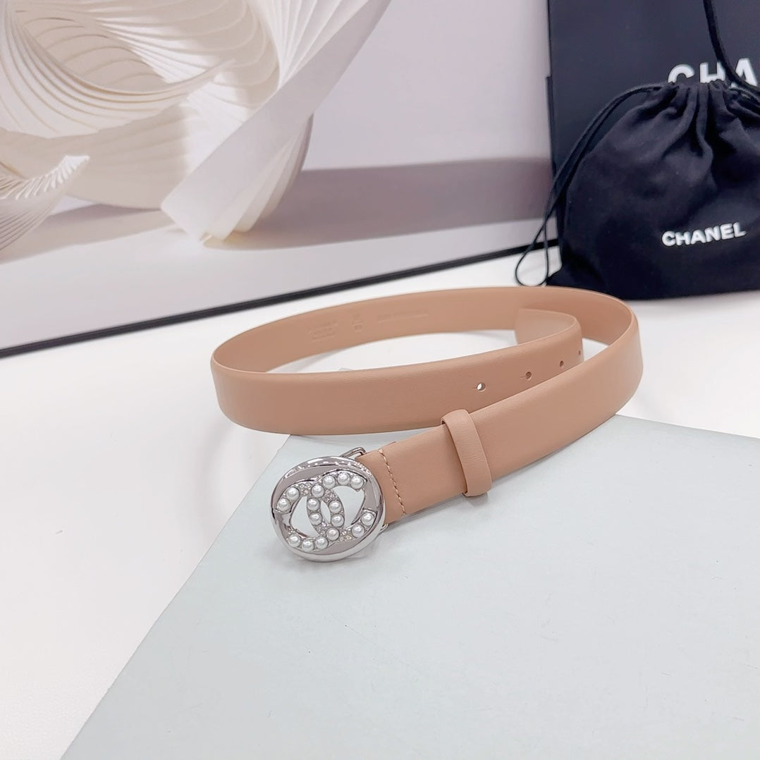 CC 30MM BELT IN DESERT SAND CALFSKIN SILVER HARDWARE ATTACH PEARLS - 30