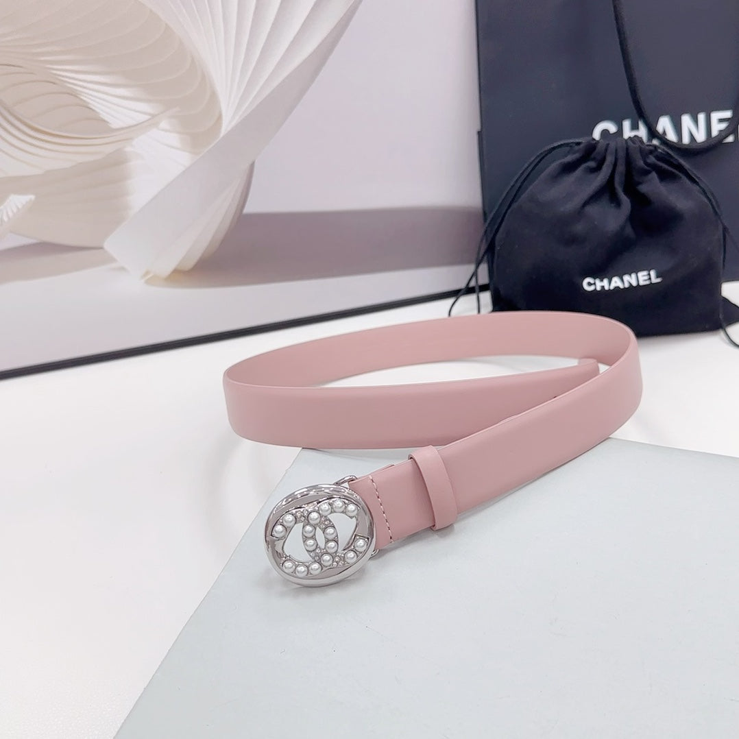 CC 30MM BELT IN FLAMINGO PINK CALFSKIN SILVER HARDWARE ATTACH PEARLS - 30