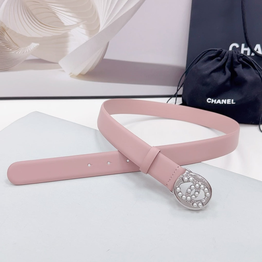 CC 30MM BELT IN FLAMINGO PINK CALFSKIN SILVER HARDWARE ATTACH PEARLS - 30