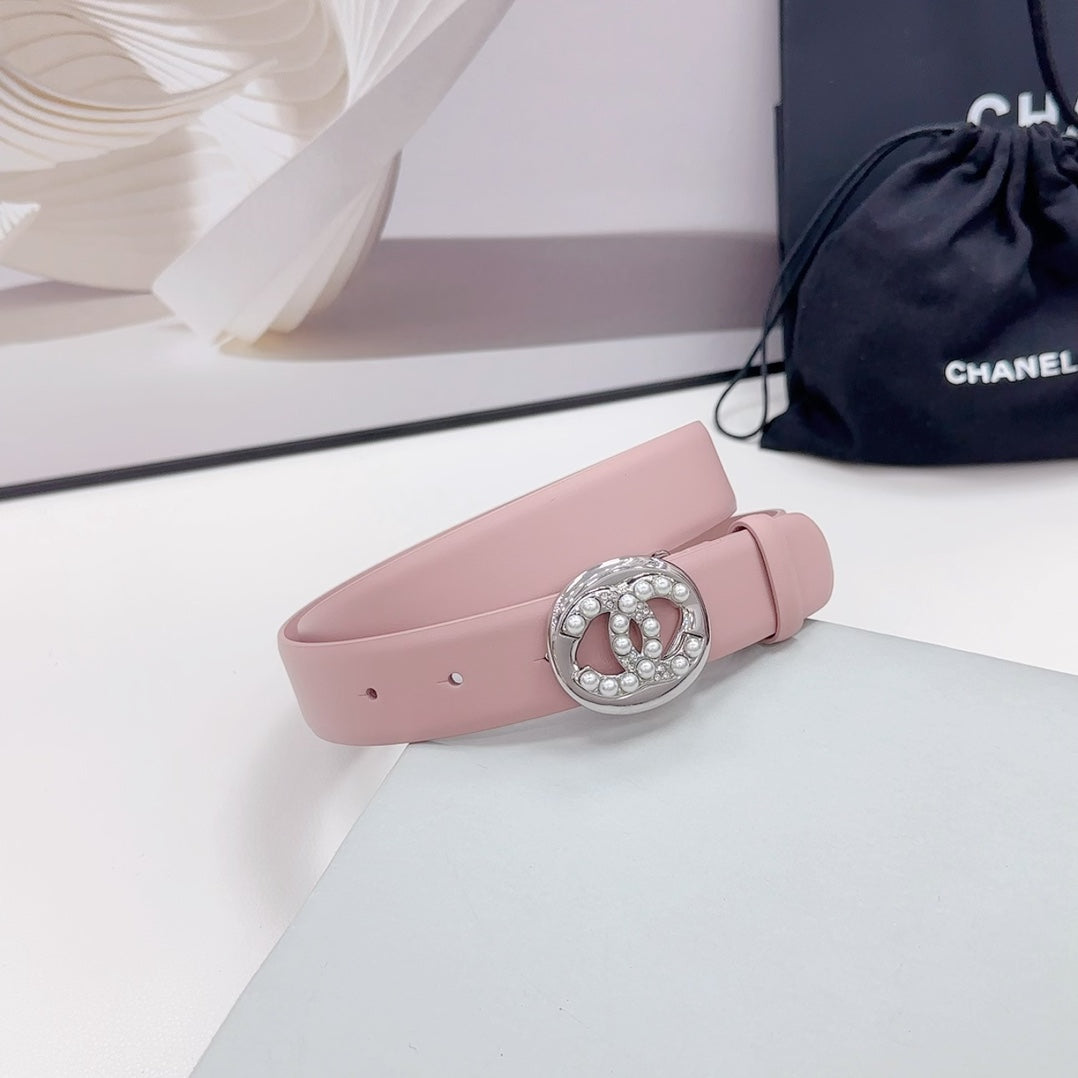 CC 30MM BELT IN FLAMINGO PINK CALFSKIN SILVER HARDWARE ATTACH PEARLS - 30