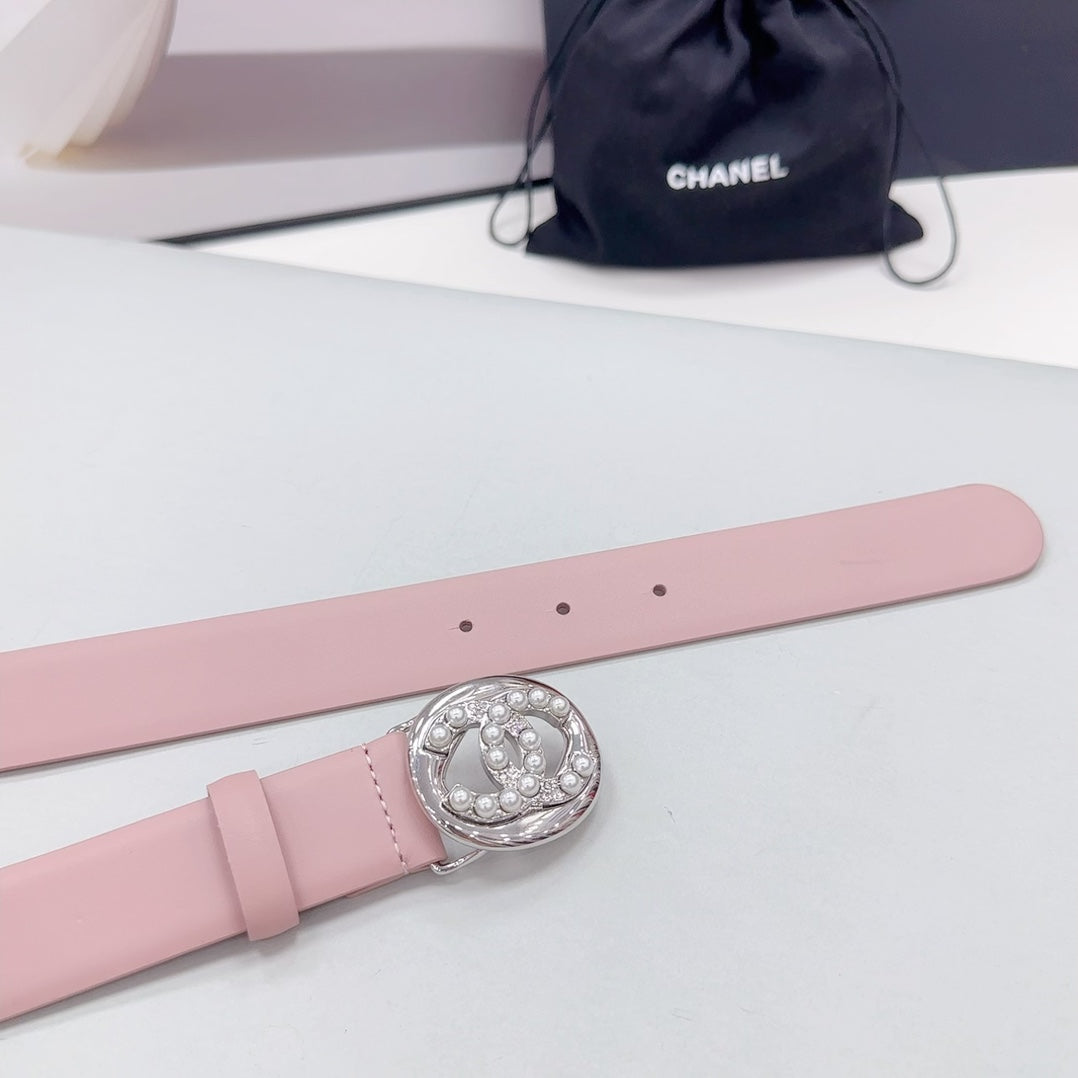CC 30MM BELT IN FLAMINGO PINK CALFSKIN SILVER HARDWARE ATTACH PEARLS - 30
