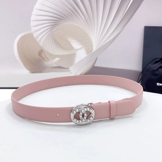 CC 30MM BELT IN FLAMINGO PINK CALFSKIN SILVER HARDWARE ATTACH PEARLS - 30