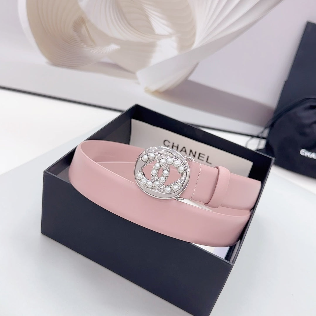 CC 30MM BELT IN FLAMINGO PINK CALFSKIN SILVER HARDWARE ATTACH PEARLS - 30