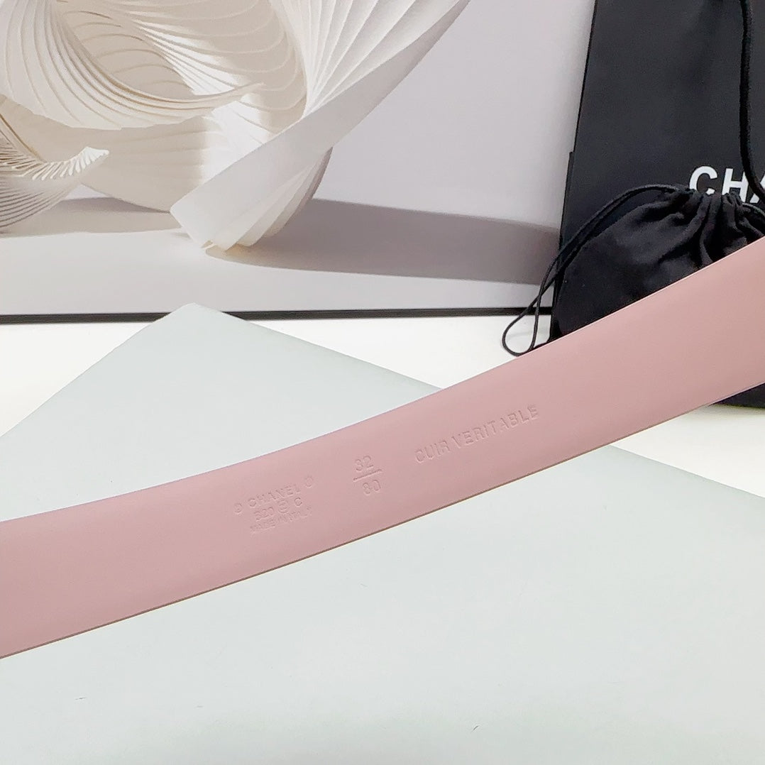 CC 30MM BELT IN FLAMINGO PINK CALFSKIN SILVER HARDWARE ATTACH PEARLS - 30
