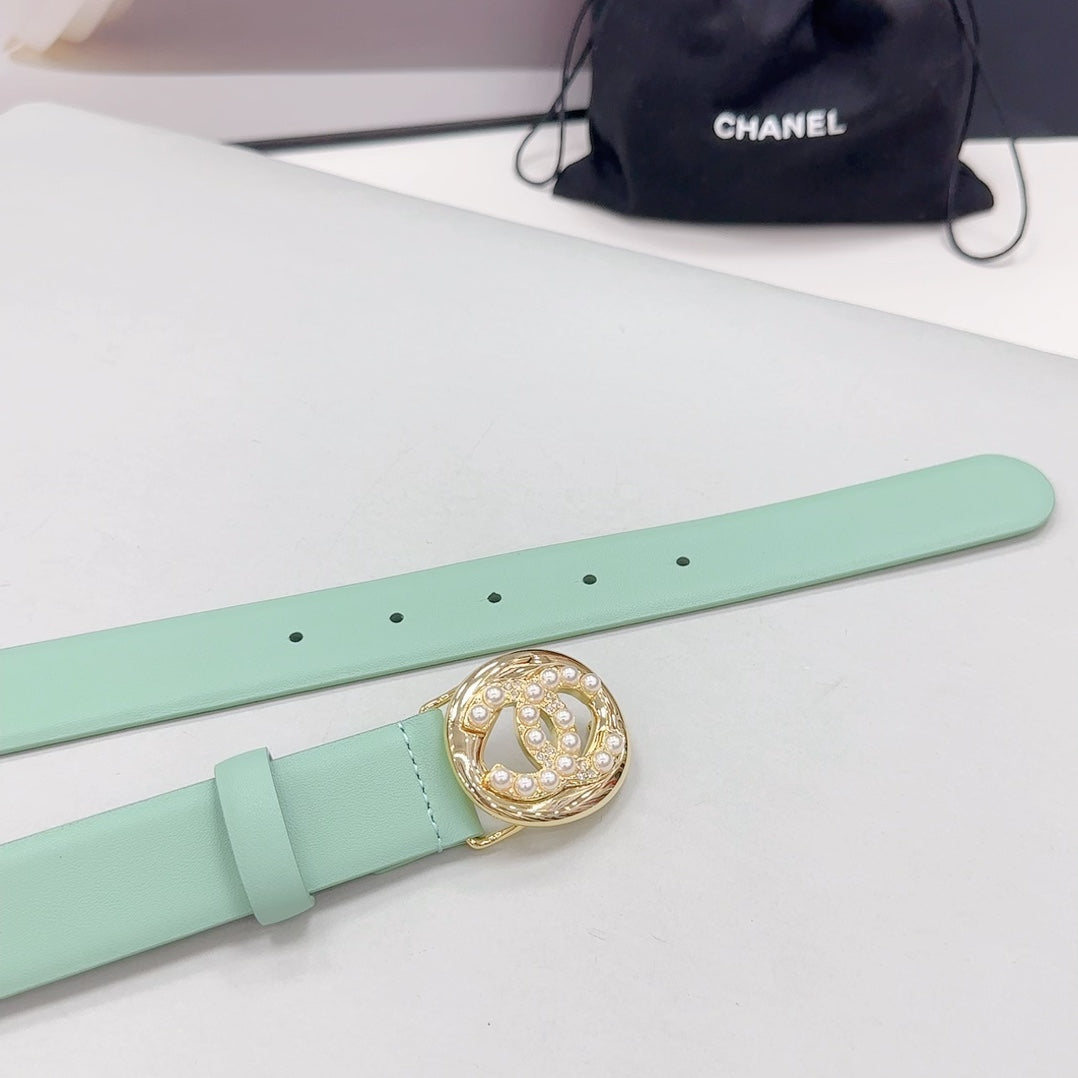 CC 30MM BELT IN GREEN MINT CALFSKIN GOLD HARDWARE ATTACH PEARLS - 30