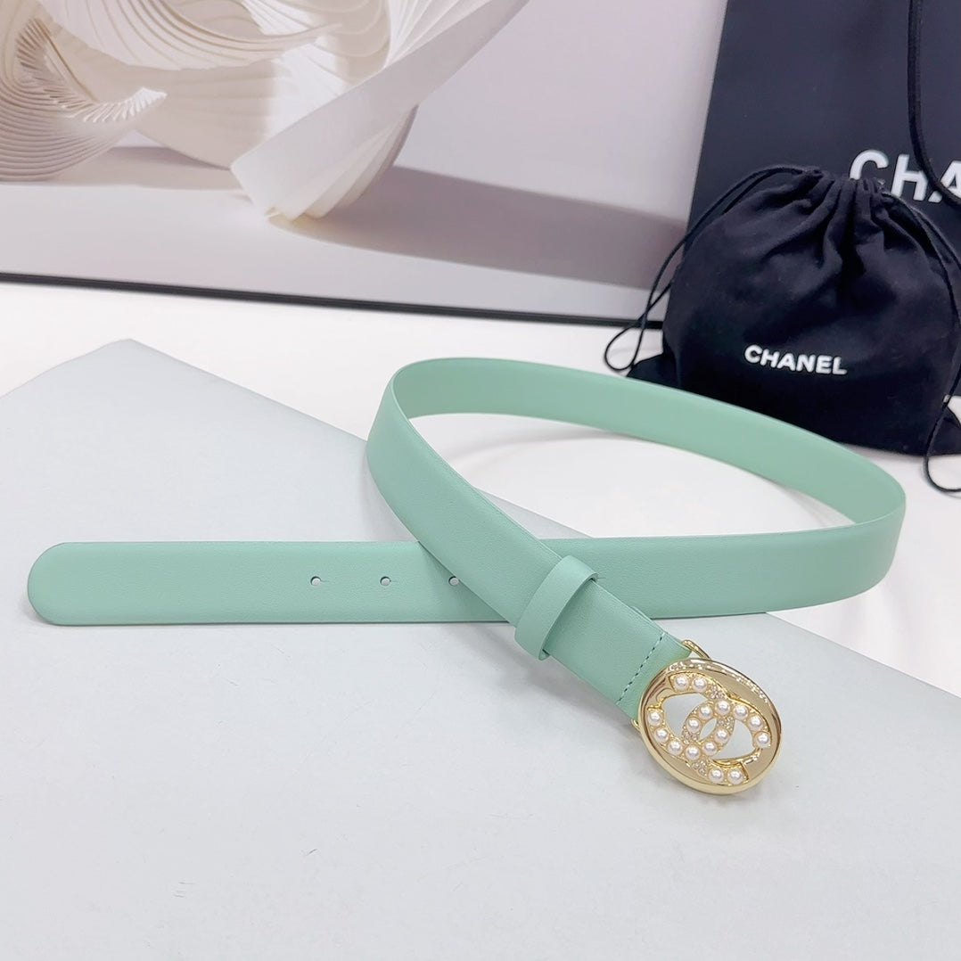 CC 30MM BELT IN GREEN MINT CALFSKIN GOLD HARDWARE ATTACH PEARLS - 30