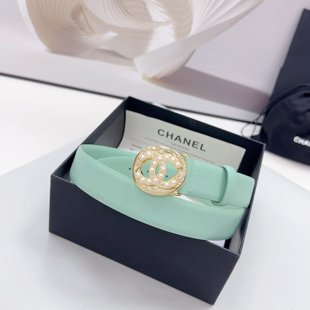 CC 30MM BELT IN GREEN MINT CALFSKIN GOLD HARDWARE ATTACH PEARLS - 30
