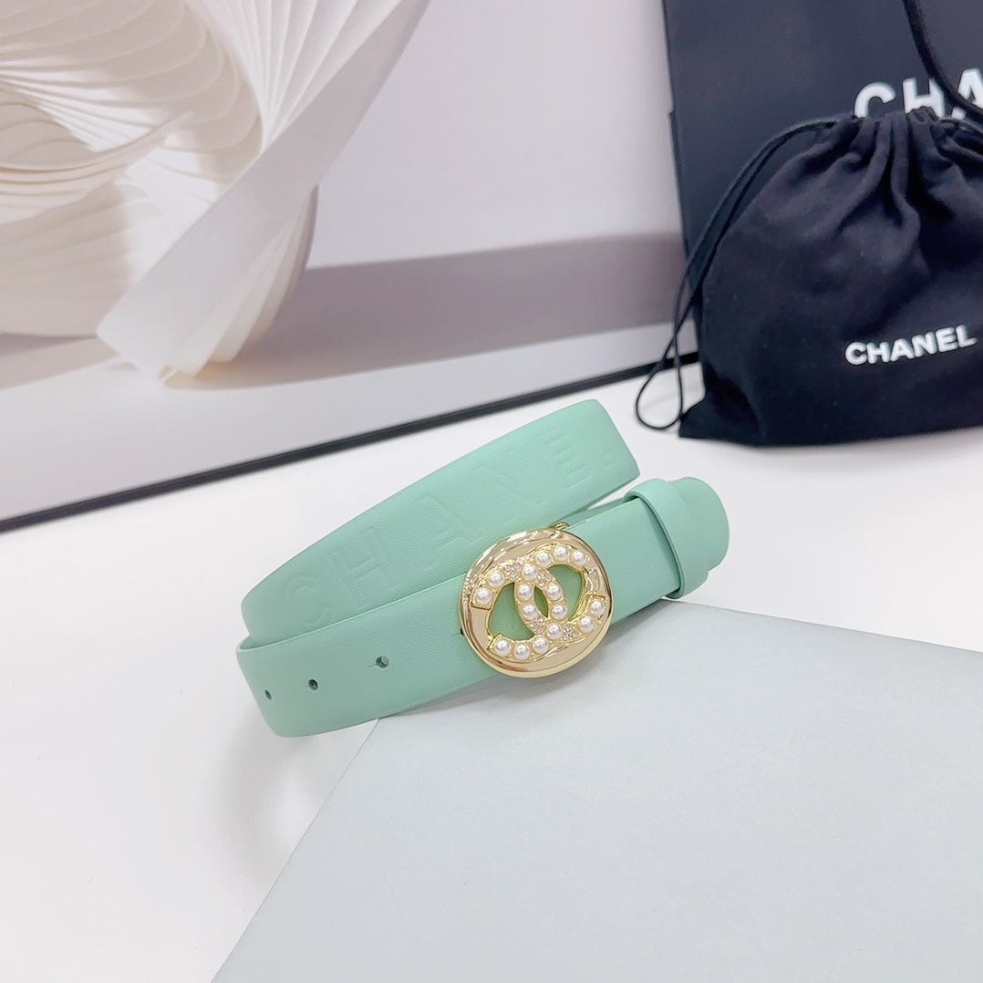 CC 30MM BELT IN GREEN MINT CALFSKIN GOLD HARDWARE ATTACH PEARLS - 30