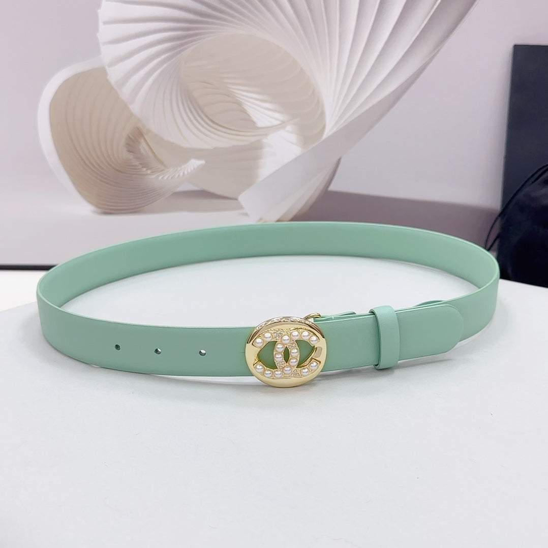 CC 30MM BELT IN GREEN MINT CALFSKIN GOLD HARDWARE ATTACH PEARLS - 30