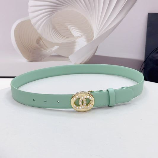 CC 30MM BELT IN GREEN MINT CALFSKIN GOLD HARDWARE ATTACH PEARLS - 30