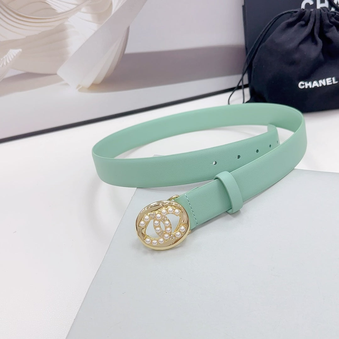 CC 30MM BELT IN GREEN MINT CALFSKIN GOLD HARDWARE ATTACH PEARLS - 30